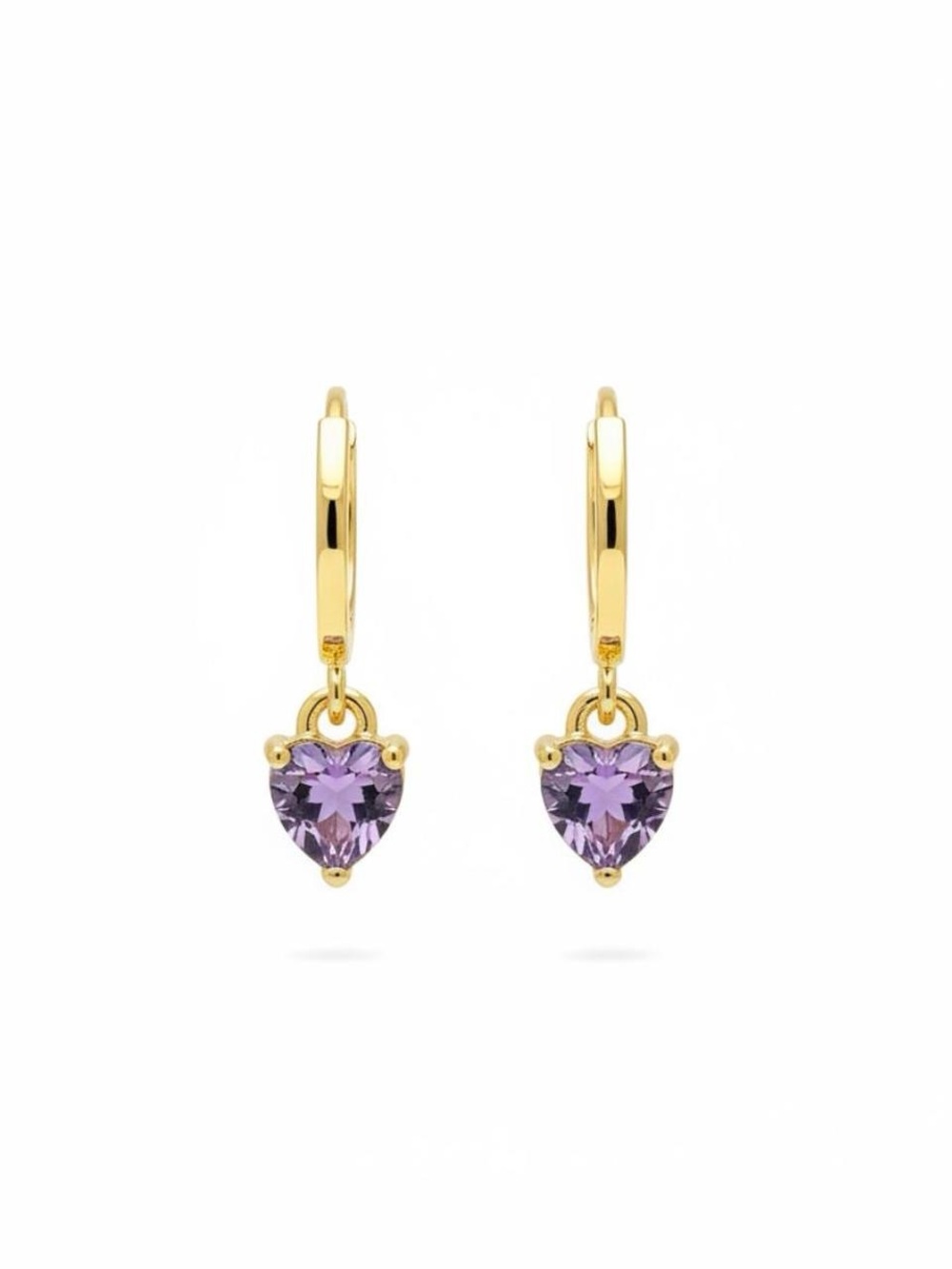 Gold Huggie Earrings with Purple Heart Gemstones